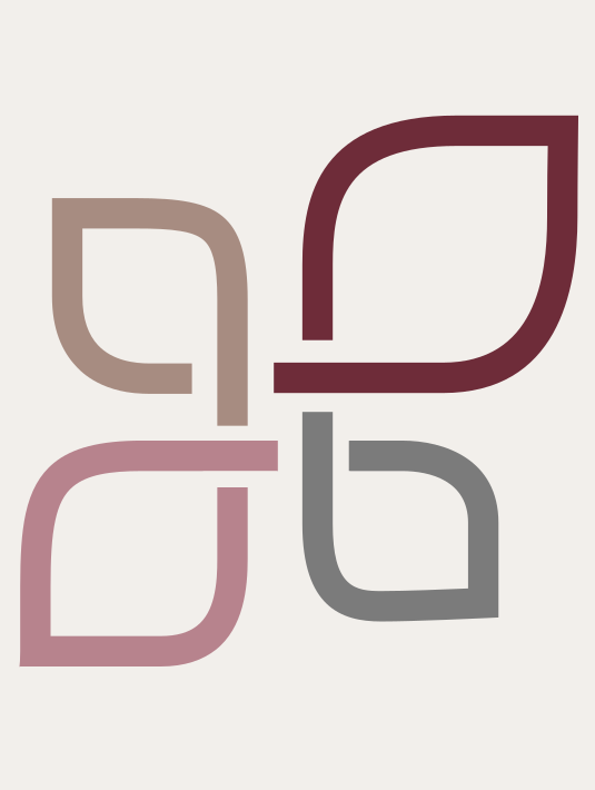 Abstract logo with four stylized leaf shapes in muted colors.