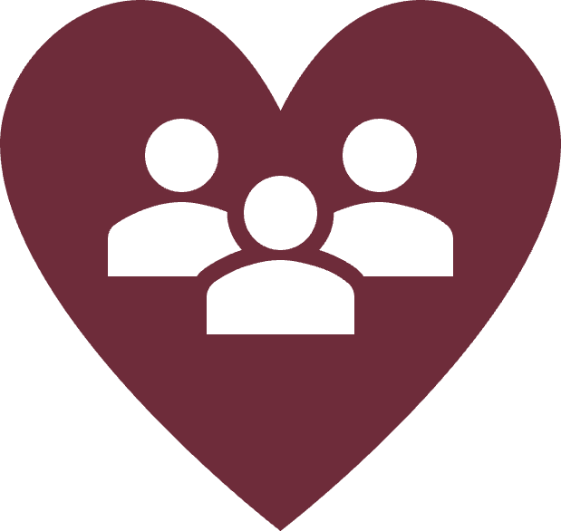 Icon of three white user avatars on a maroon background.