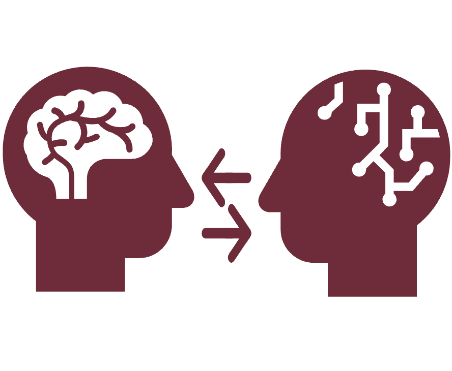 Two human heads with gears and arrows between them, symbolizing communication or idea exchange.