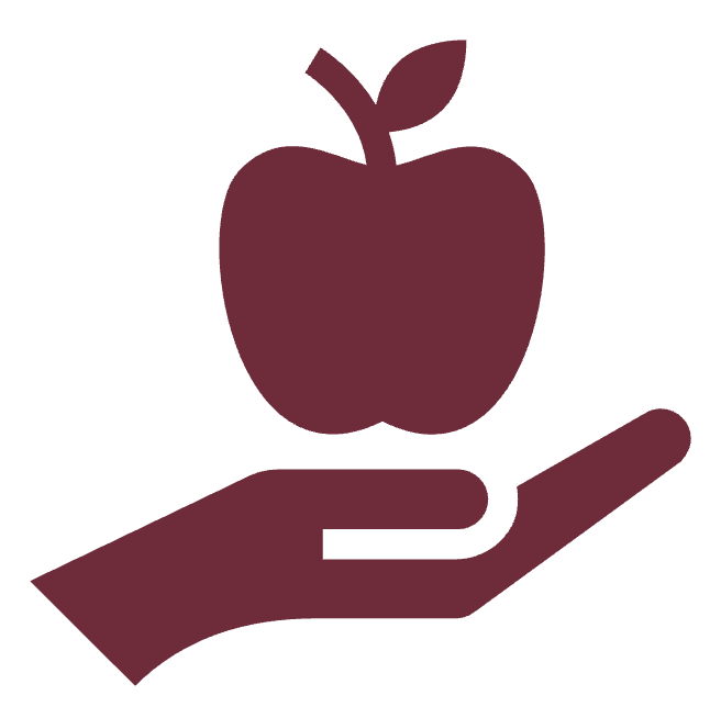 Hand holding a stylized apple icon against a maroon background.