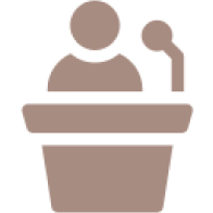 Person icon speaking at podium silhouette.
