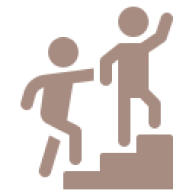 Two figures on stairs, one helping other.