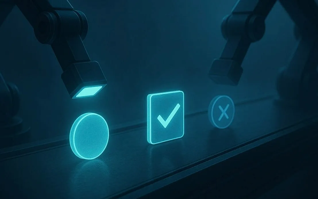 Robotic arms inspecting glowing digital icons.