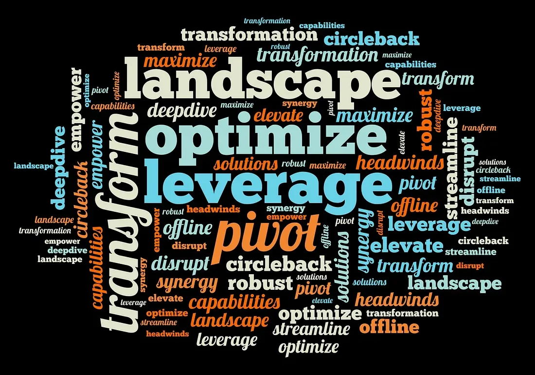 Word cloud featuring business and strategy terms like optimize, leverage, pivot, and landscape.