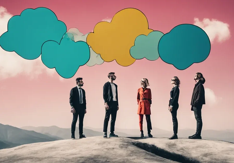 Five individuals standing under colorful cloud shapes against a pink sky.