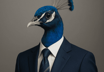 A peacock dressed in a formal business suit and tie.