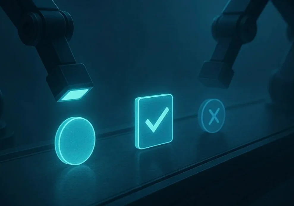 Robotic arms inspecting glowing digital icons.
